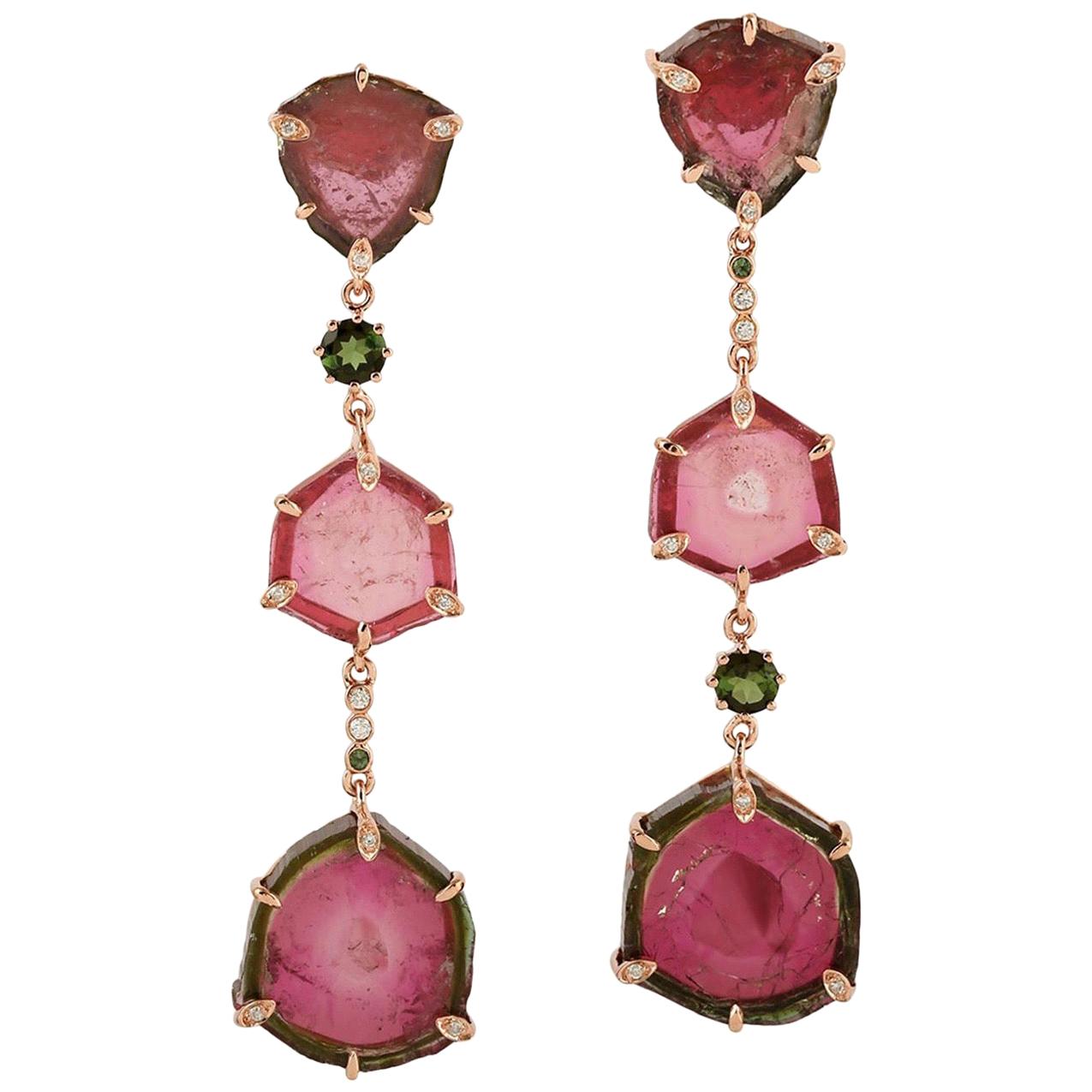 34.06 Tourmaline Melon Diamond 18 Karat Gold Earrings For Sale