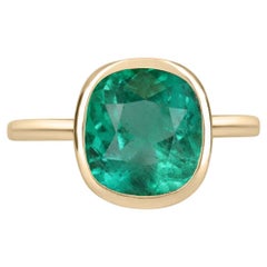 3.40ct 18K Colombian Emerald Cushion Cut Solitaire Bezel Set Ring