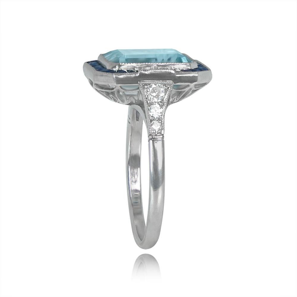 Art Deco 3.40ct Emerald Cut Natural Aquamarine Cocktail Ring, Double Halo, Platinum For Sale
