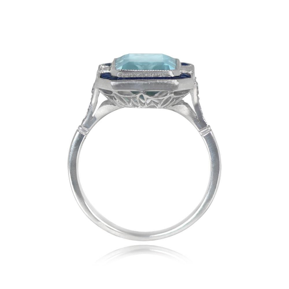 3.40ct Emerald Cut Natural Aquamarine Cocktail Ring, Double Halo, Platinum In Excellent Condition For Sale In New York, NY
