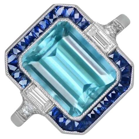 3.40ct Emerald Cut Natural Aquamarine Cocktail Ring, Double Halo, Platinum For Sale