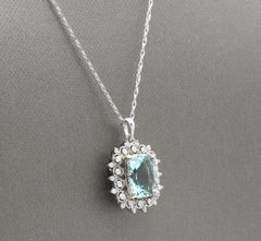 3.40ct Natural Aquamarine and Diamond 14K Solid White Gold Necklace