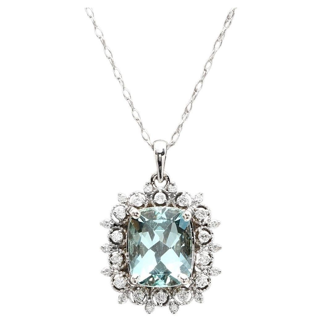 3.40ct Natural Aquamarine and Diamond 14K Solid White Gold Necklace For Sale