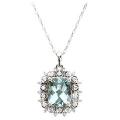 3.40ct Natural Aquamarine and Diamond 14K Solid White Gold Necklace