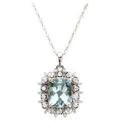 Collar de oro blanco macizo de 14 quilates con aguamarina natural y diamantes de 3,40 ct