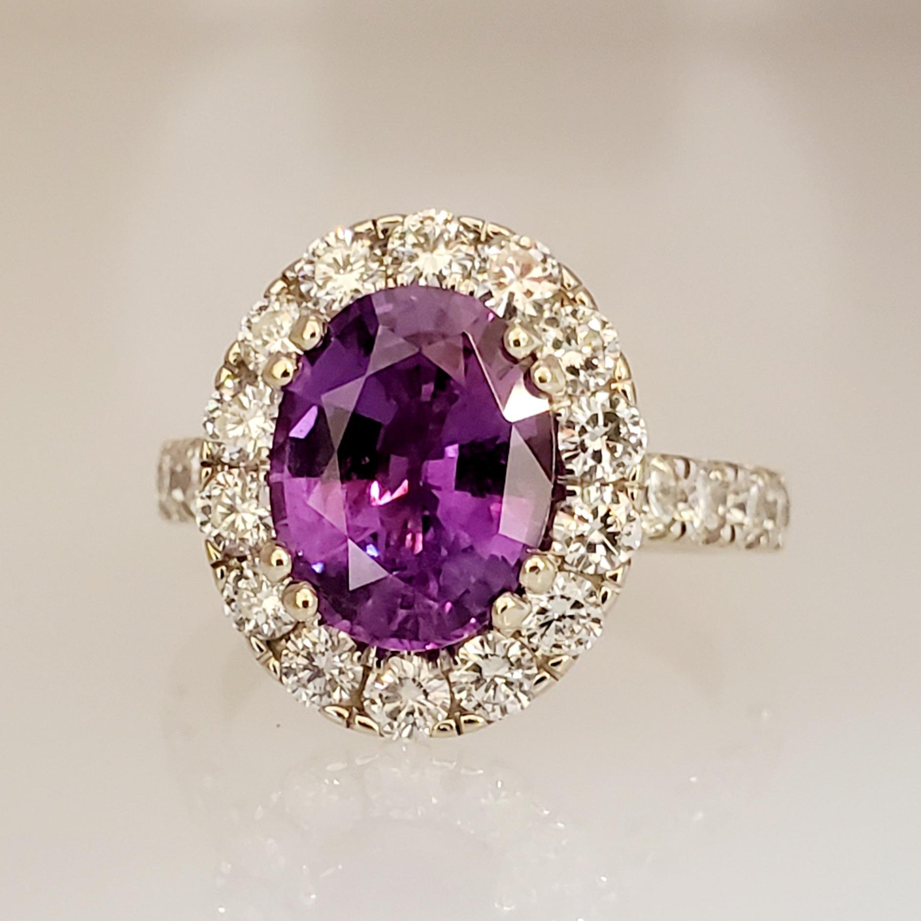 Contemporary 3.40ct Purple Sapphire and 1.41ctw Diamond Ring in 18K White Gold For Sale