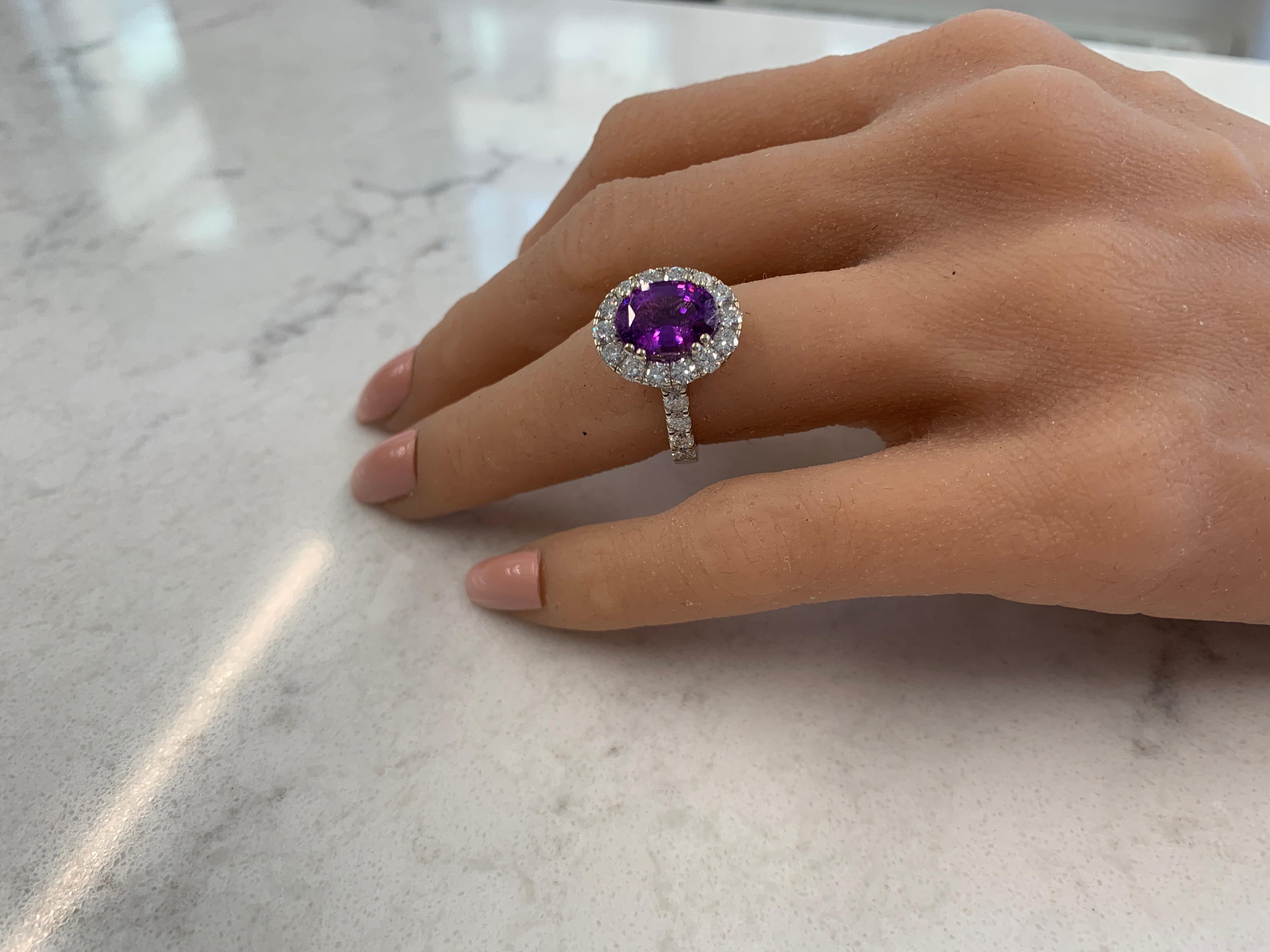 Oval Cut 3.40ct Purple Sapphire and 1.41ctw Diamond Ring in 18K White Gold For Sale