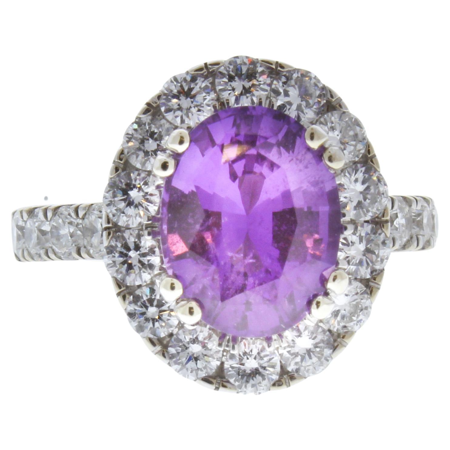 3.40ct Purple Sapphire and 1.41ctw Diamond Ring in 18K White Gold For Sale