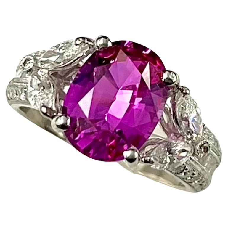 3.40Ct Very Fine Oval Pink Sapphire Platinum Ring For Sale