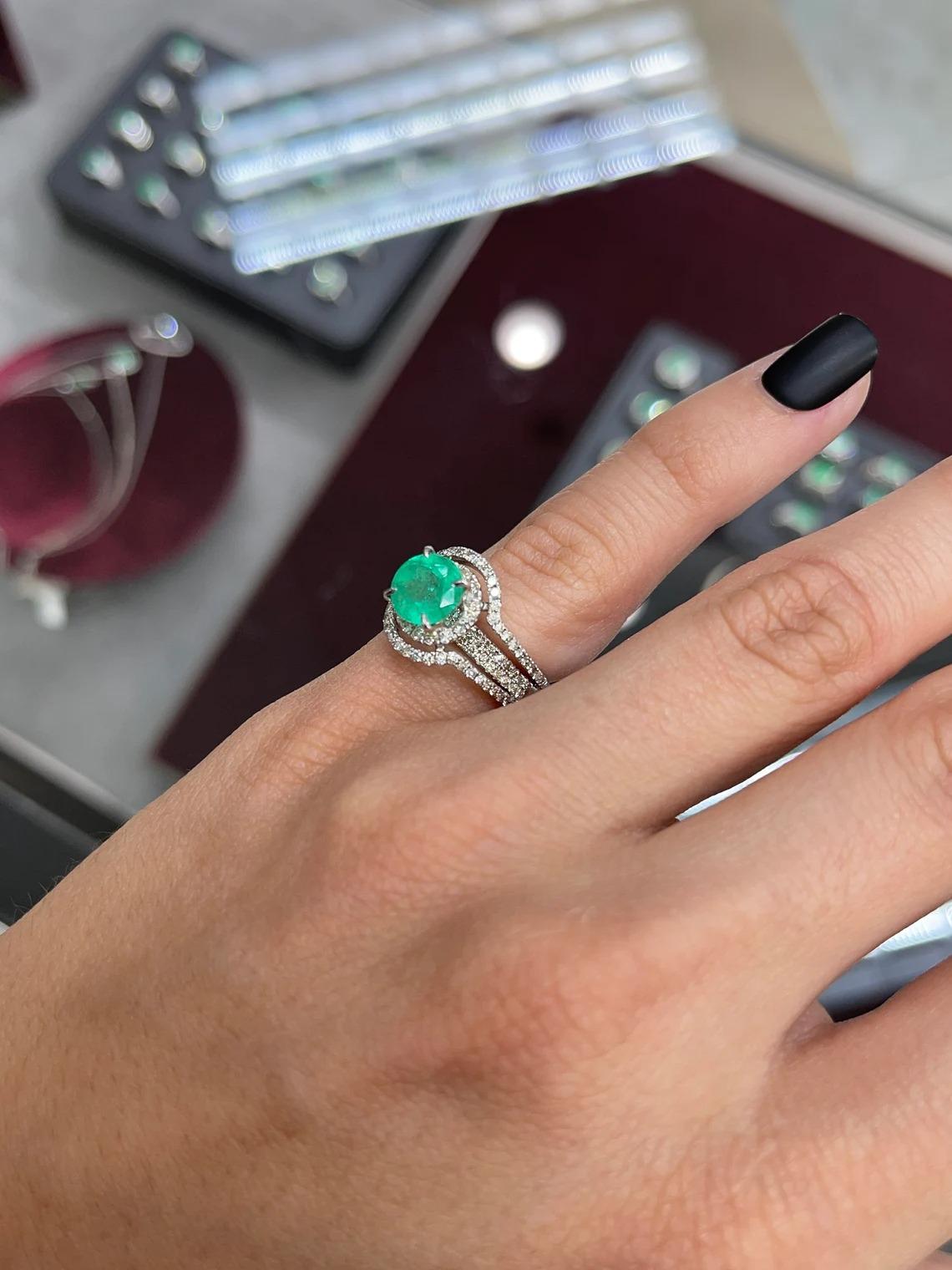 3.40tcw 14K Colombian Emerald-Round Cut & Diamond Halo Engagement Ring In New Condition For Sale In Jupiter, FL