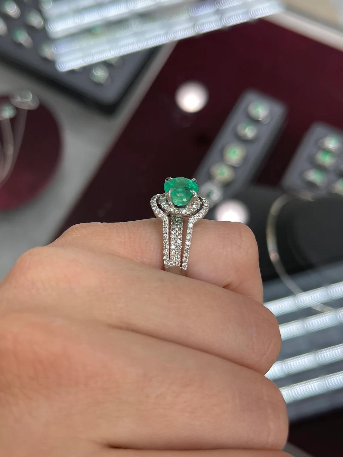 3.40tcw 14K Colombian Emerald-Round Cut & Diamond Halo Engagement Ring For Sale 3