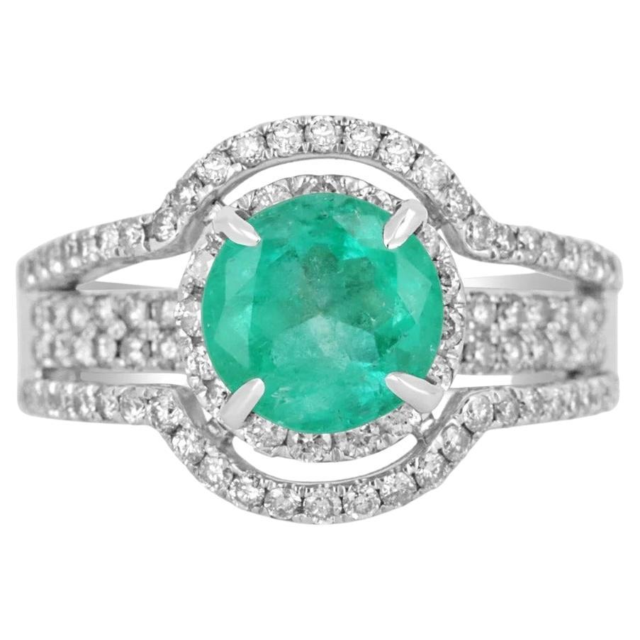 3.40tcw 14K Colombian Emerald-Round Cut & Diamond Halo Engagement Ring For Sale