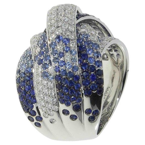 3.41 Blue Sapphires, White Diamonds Intertwined Band Ring in 18kt White Gold