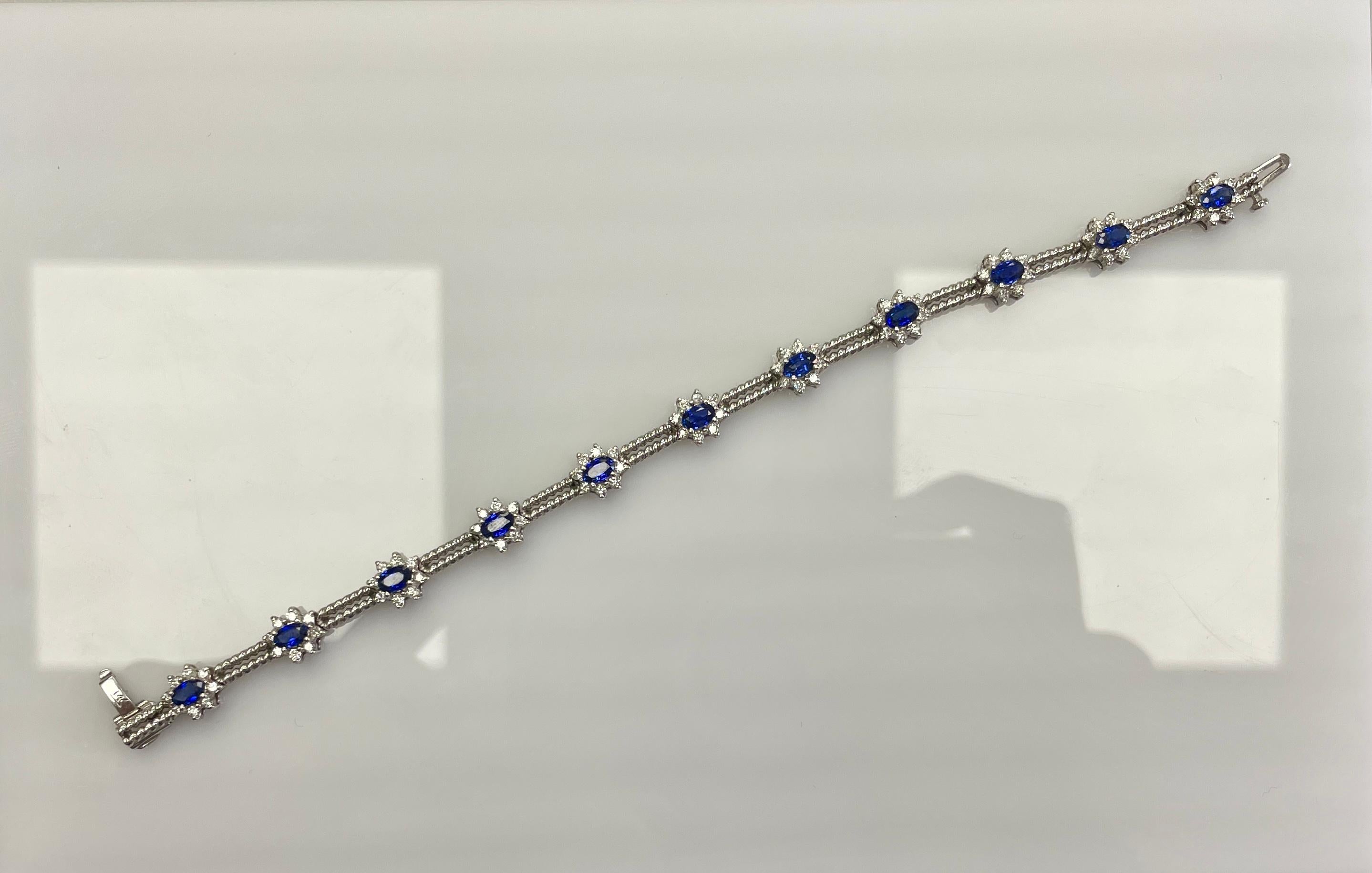 3.41 Carat Blue Sapphire & Diamond 14K White Gold Bracelet In New Condition For Sale In New York, NY
