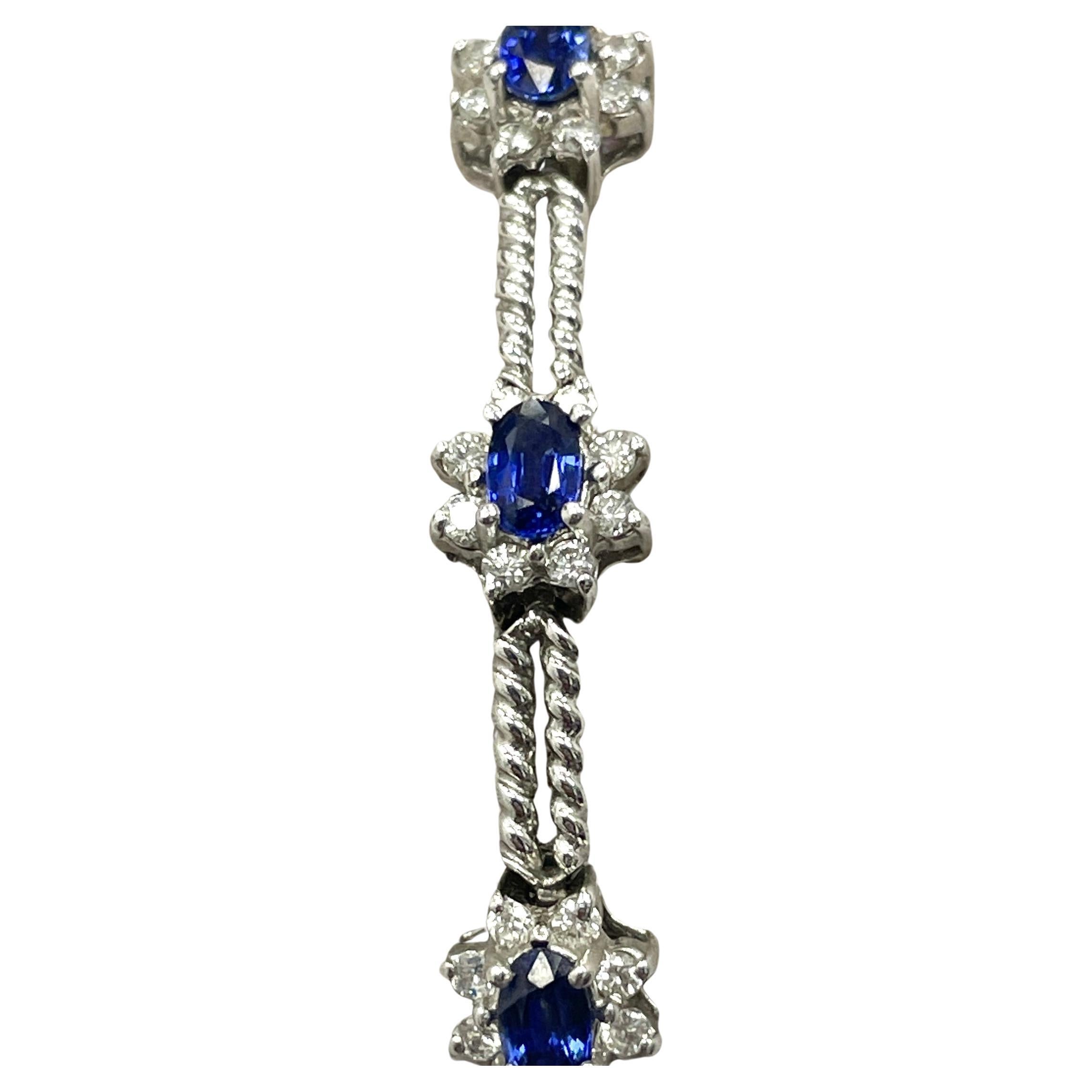 3.41 Carat Blue Sapphire & Diamond 14K White Gold Bracelet For Sale