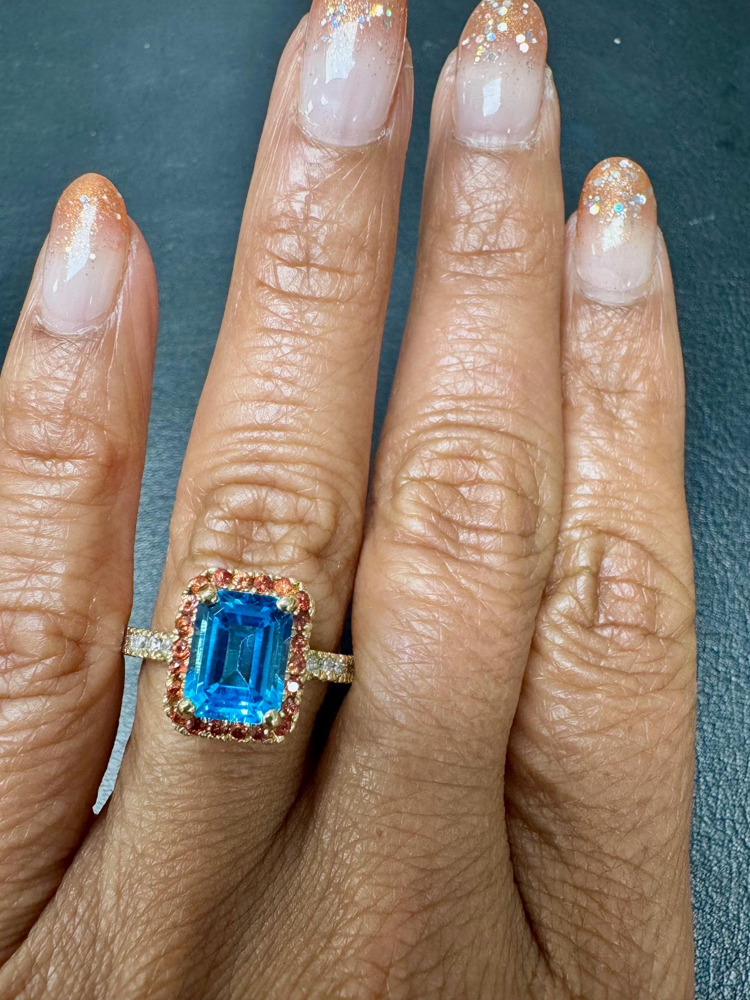 3.41 Carat Blue Topaz Sapphire Diamond Yellow Gold Engagement Ring en vente 4
