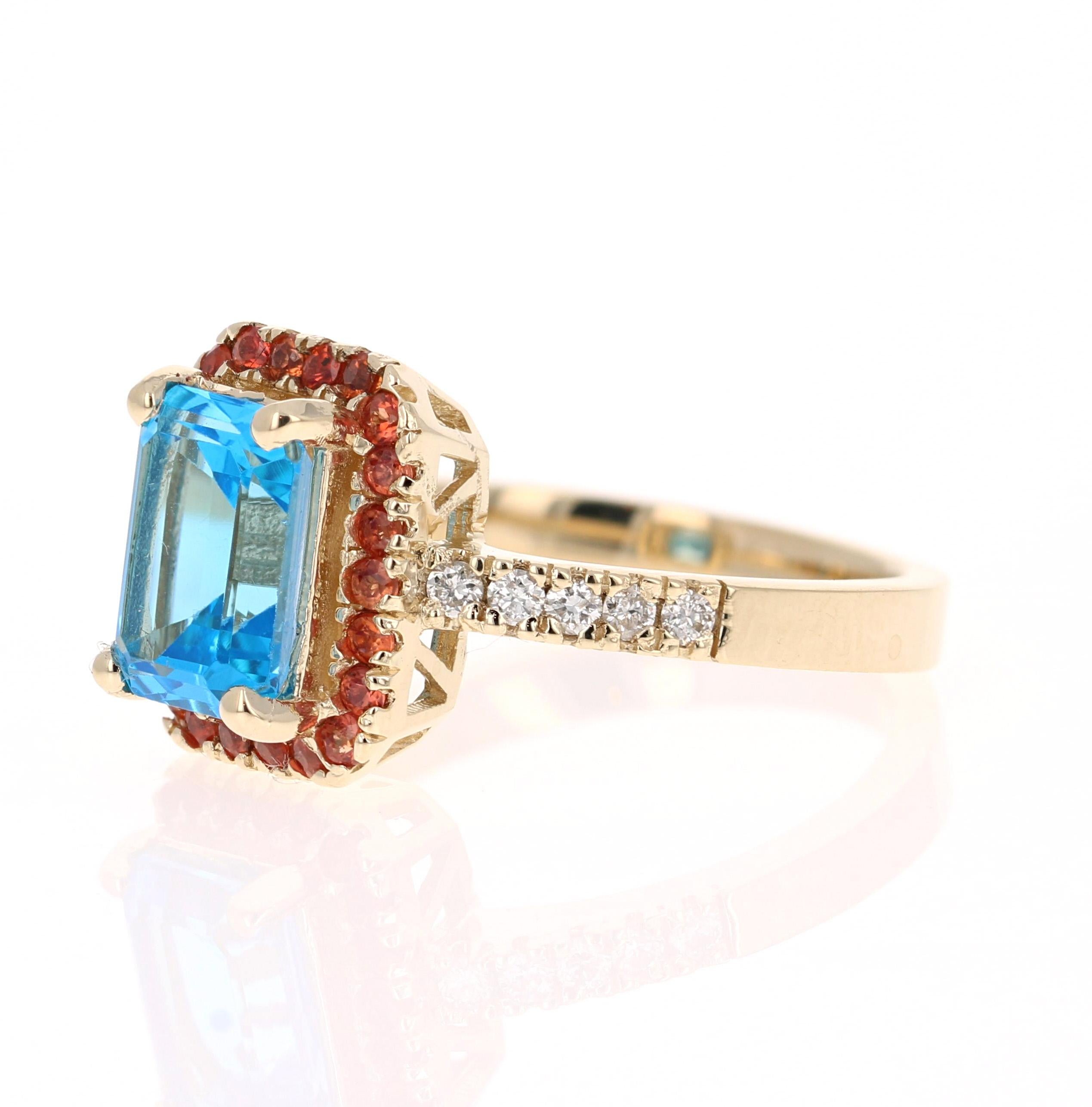 Emerald Cut 3.41 Carat Blue Topaz Sapphire Diamond Yellow Gold Engagement Ring For Sale