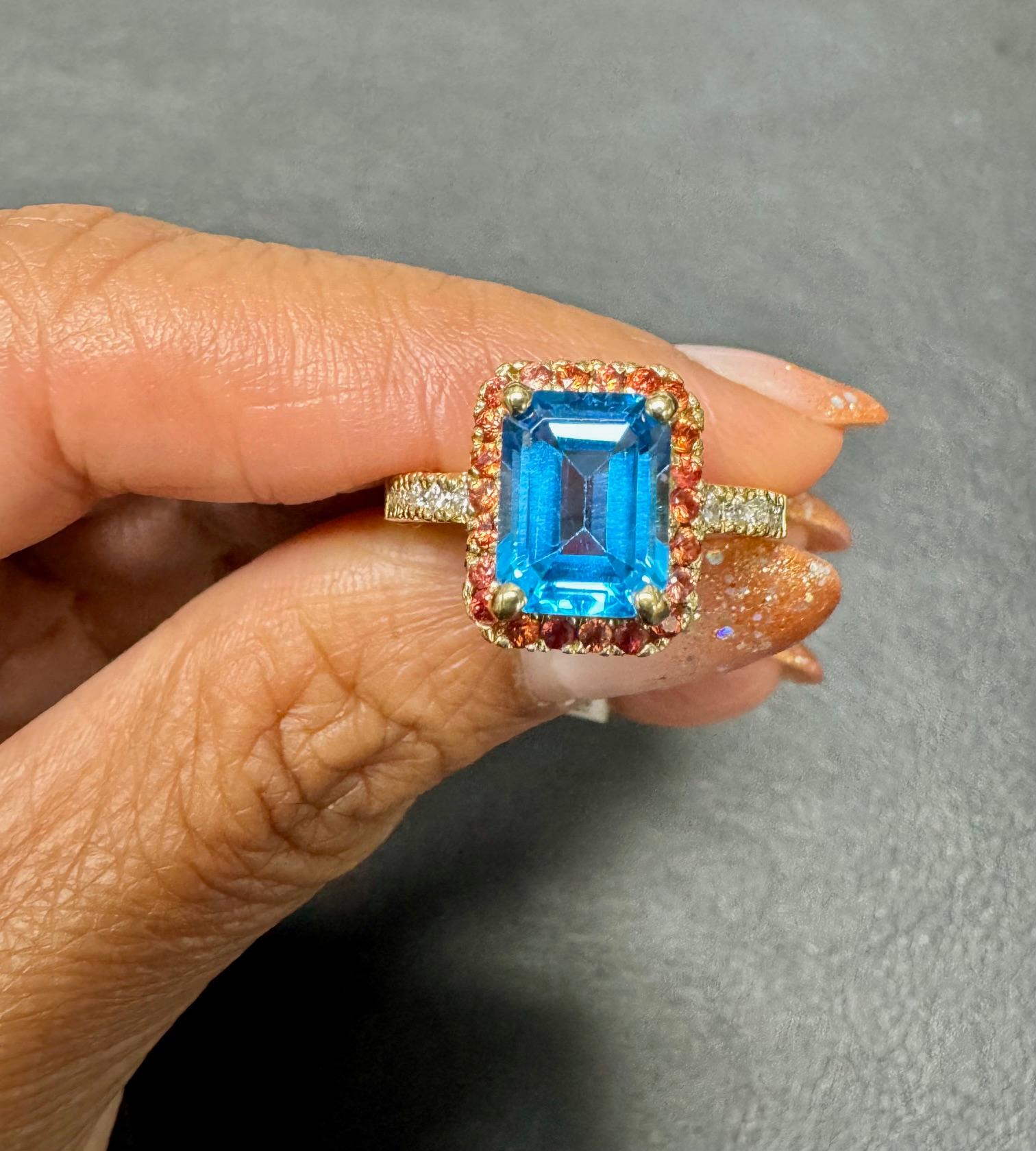 3.41 Carat Blue Topaz Sapphire Diamond Yellow Gold Engagement Ring en vente 1