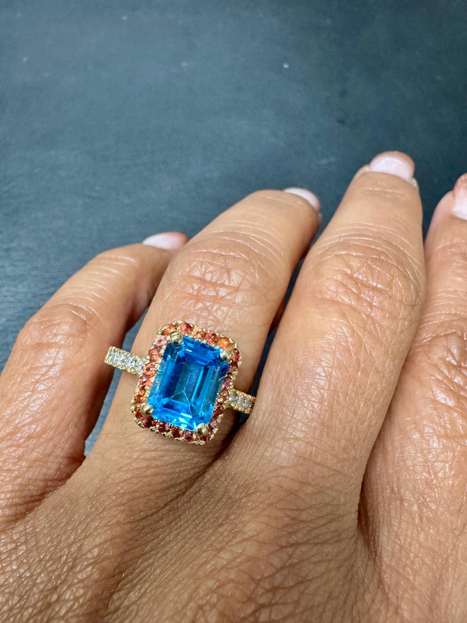 3.41 Carat Blue Topaz Sapphire Diamond Yellow Gold Engagement Ring en vente 2