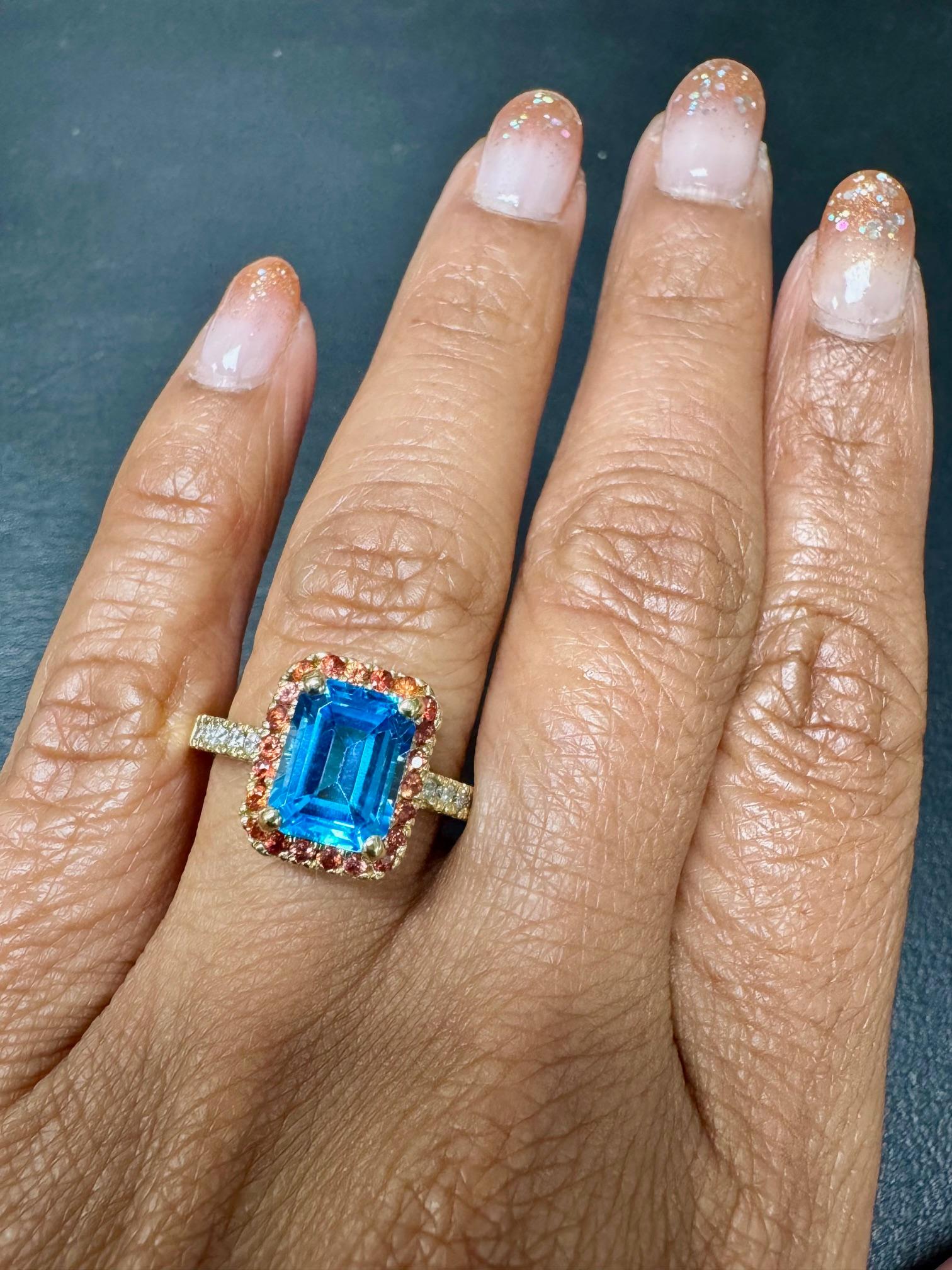 3.41 Carat Blue Topaz Sapphire Diamond Yellow Gold Engagement Ring en vente 3