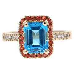 3.41 Carat Blue Topaz Sapphire Diamond Yellow Gold Engagement Ring