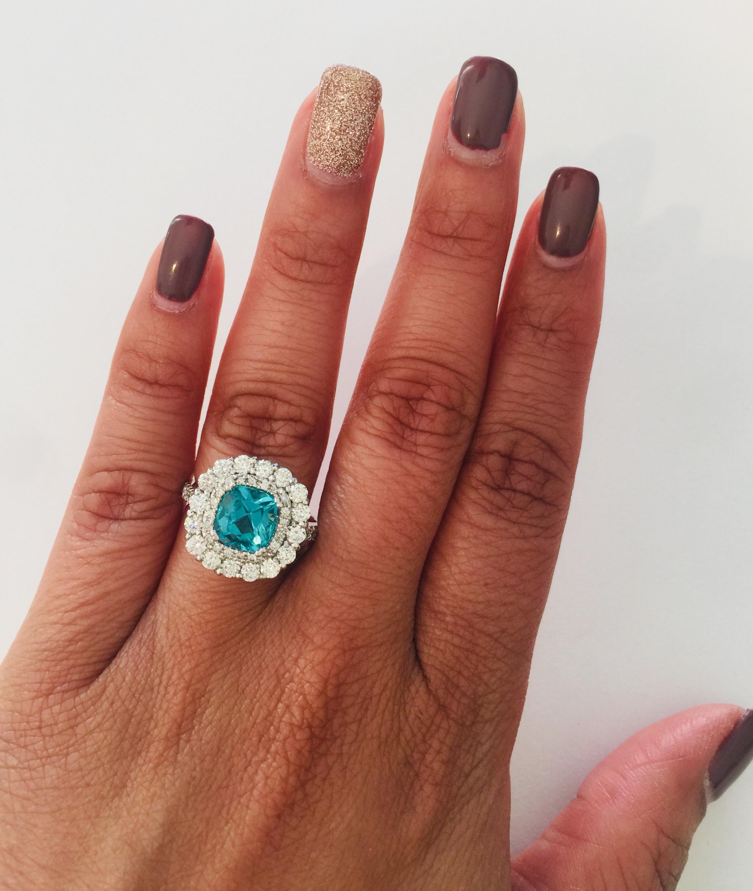 3.41 Carat Cushion Cut Apatite Diamond White Gold Engagement Ring In New Condition In Los Angeles, CA