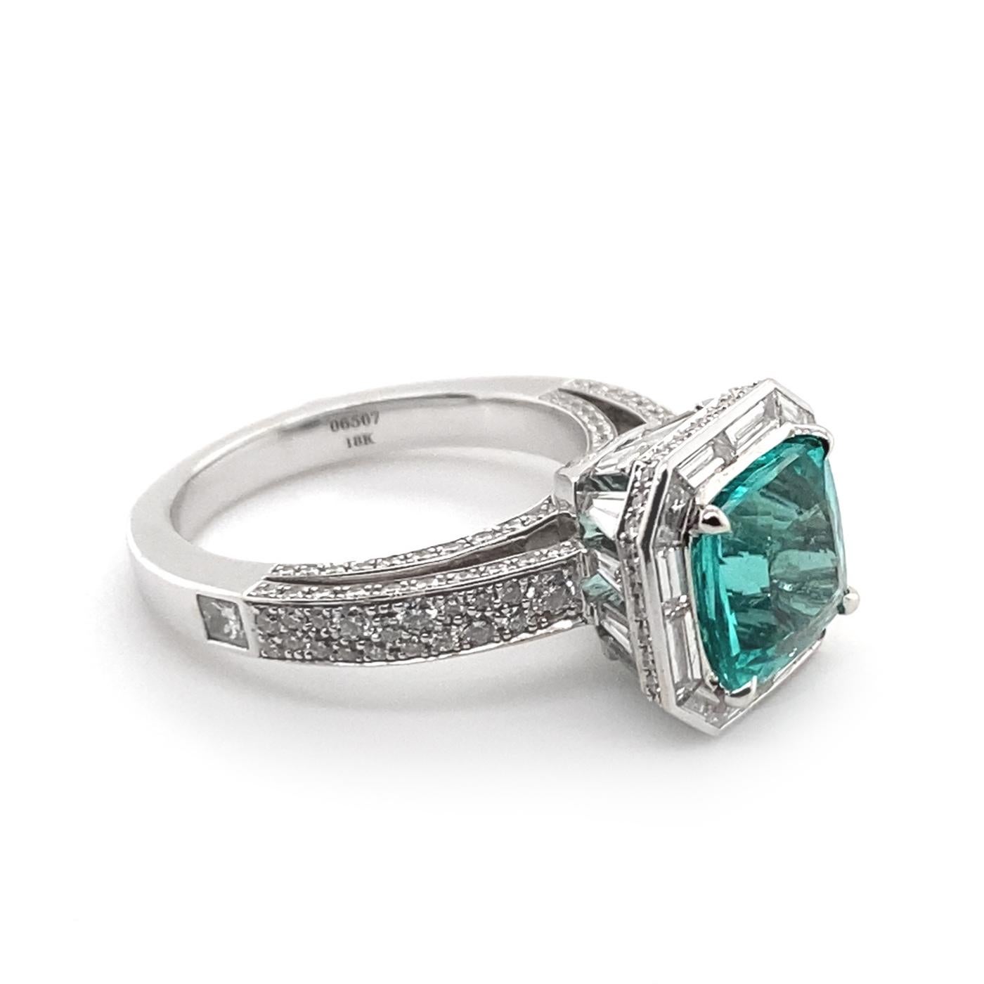 Emerald Cut 3.41 Carat Cushion-Cut Paraiba and Rose-Cut Diamond Cocktail Engagement Ring 