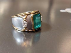 3.41ct Emerald Marquise Diamond 18K Two-Tone Gold Raised Edge Textured Mens Ring