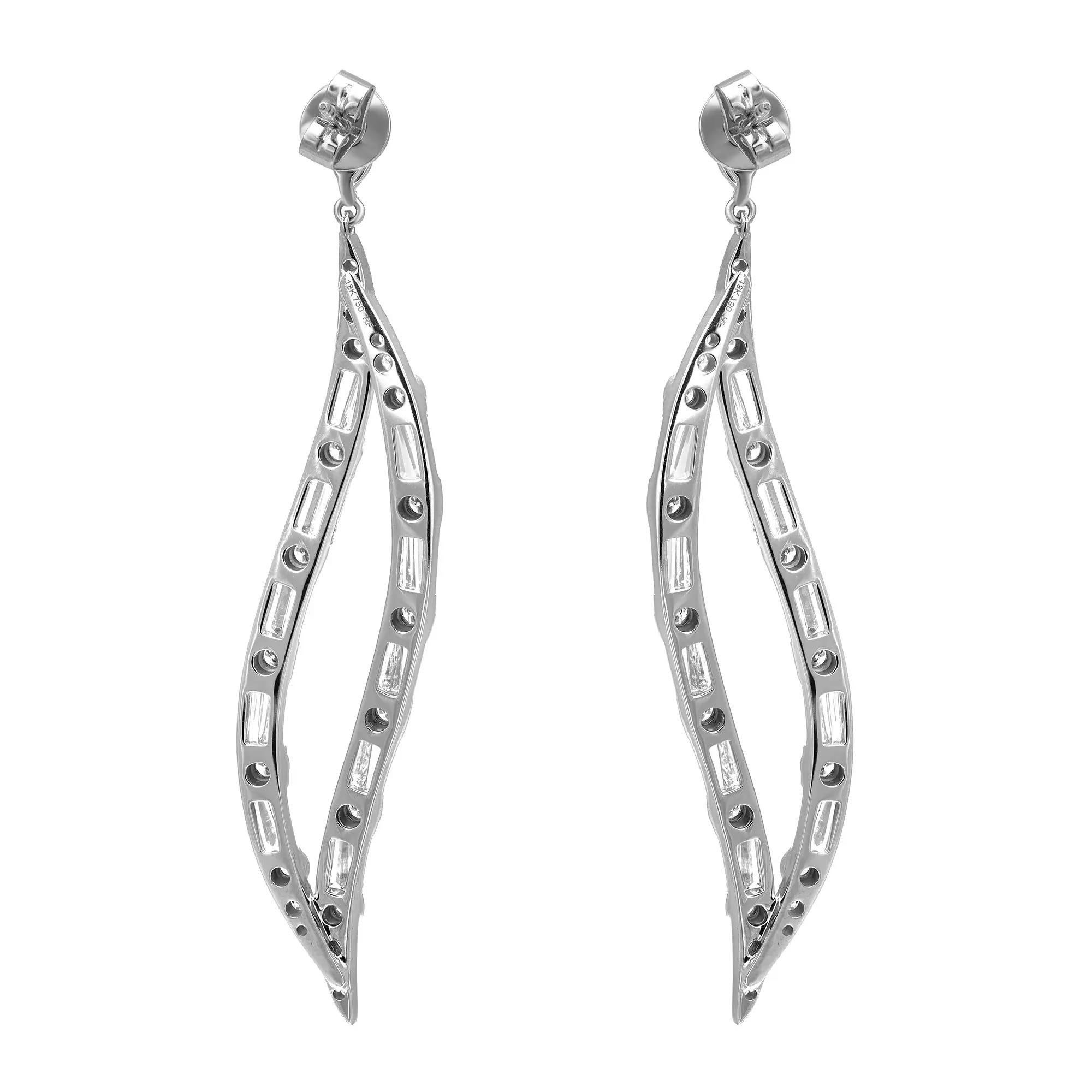Modern 3.41 Carat Marquise Baguette and Round Cut Diamond Drop Earrings 18K White Gold For Sale