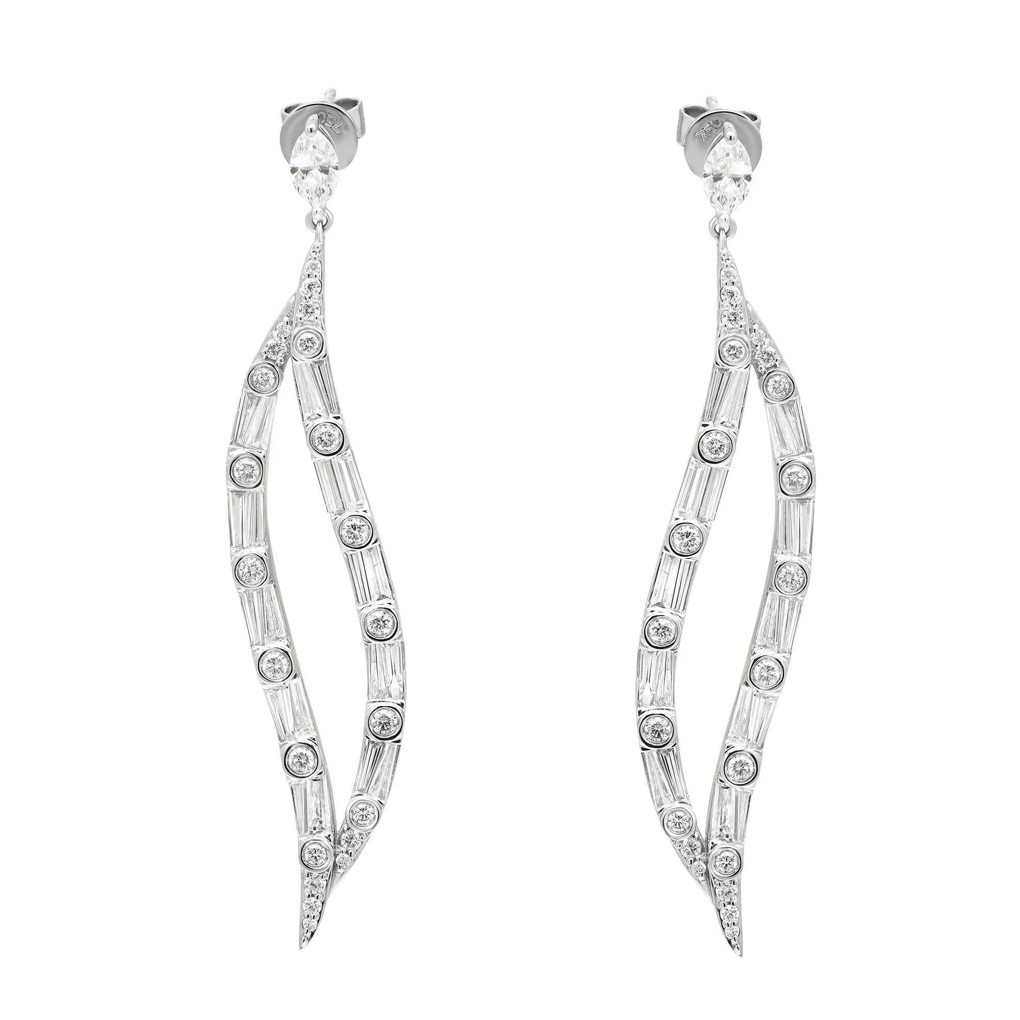 Marquise Cut 3.41 Carat Marquise Baguette and Round Cut Diamond Drop Earrings 18K White Gold For Sale