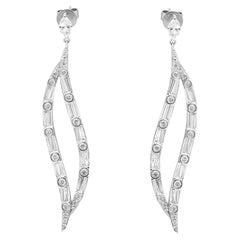 3.41 Carat Marquise Baguette and Round Cut Diamond Drop Earrings 18K White Gold