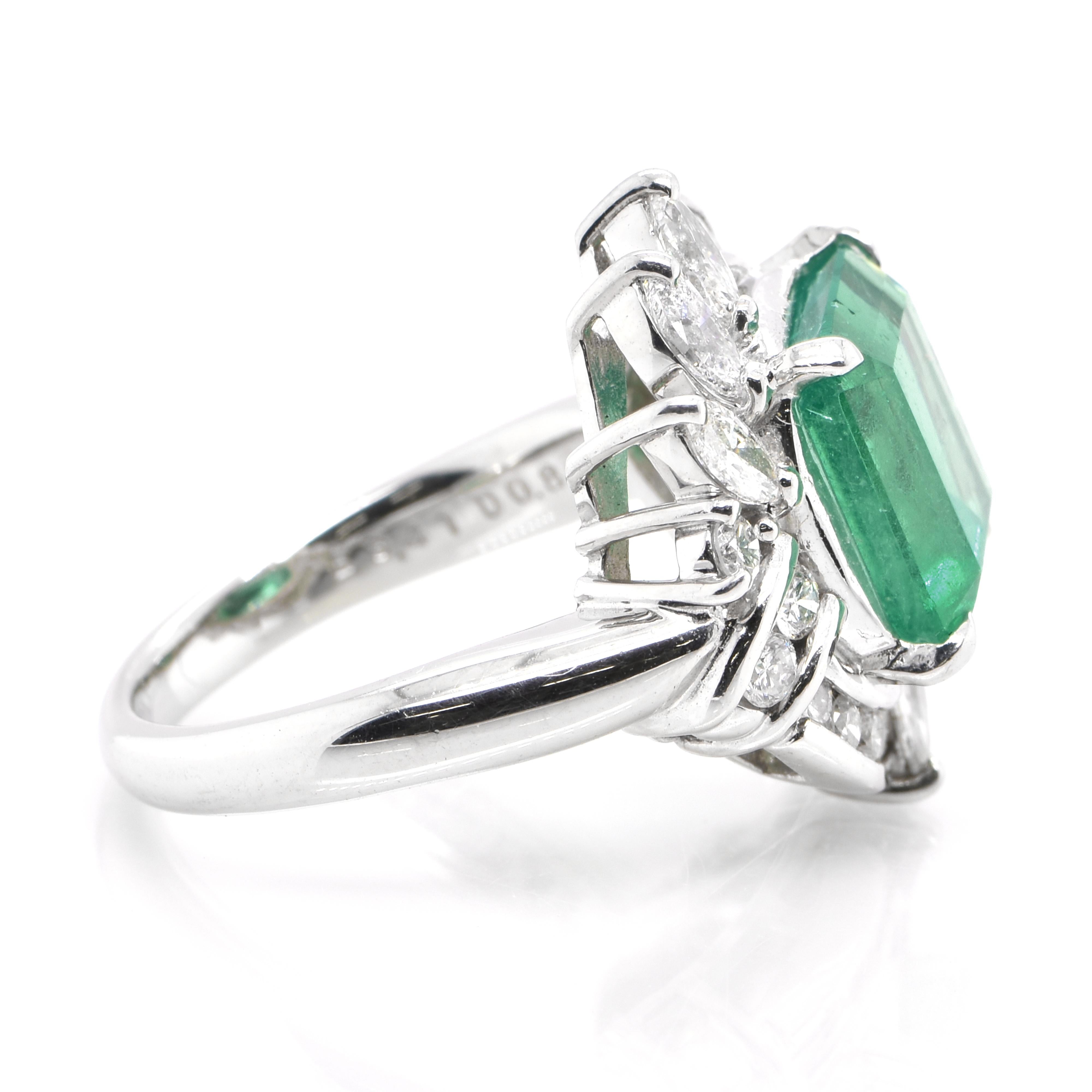 Emerald Cut 3.41 Carat Natural Emerald and Diamond Estate Ring Set in Platinum