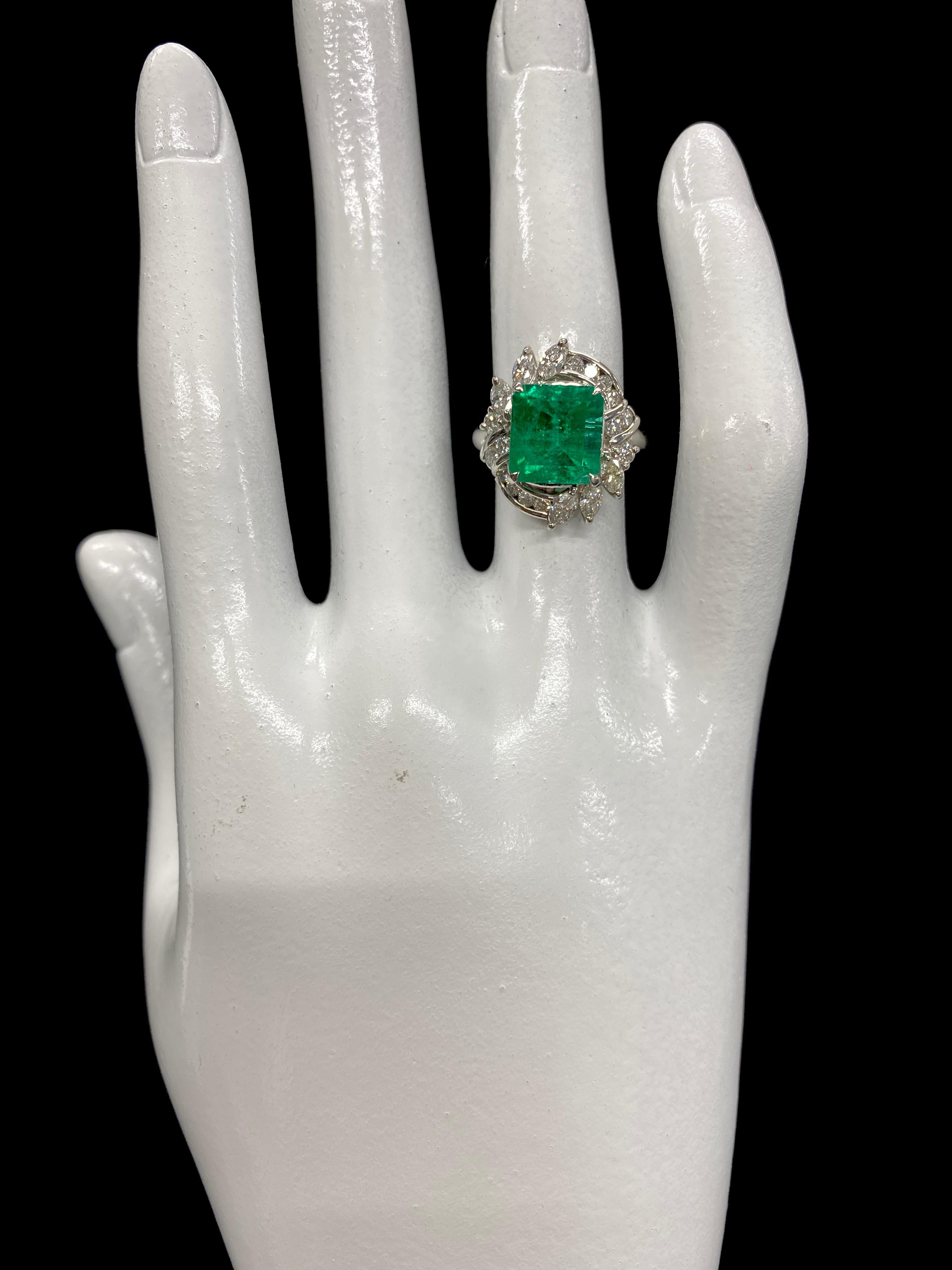 3.41 Carat Natural Emerald and Diamond Estate Ring Set in Platinum 1