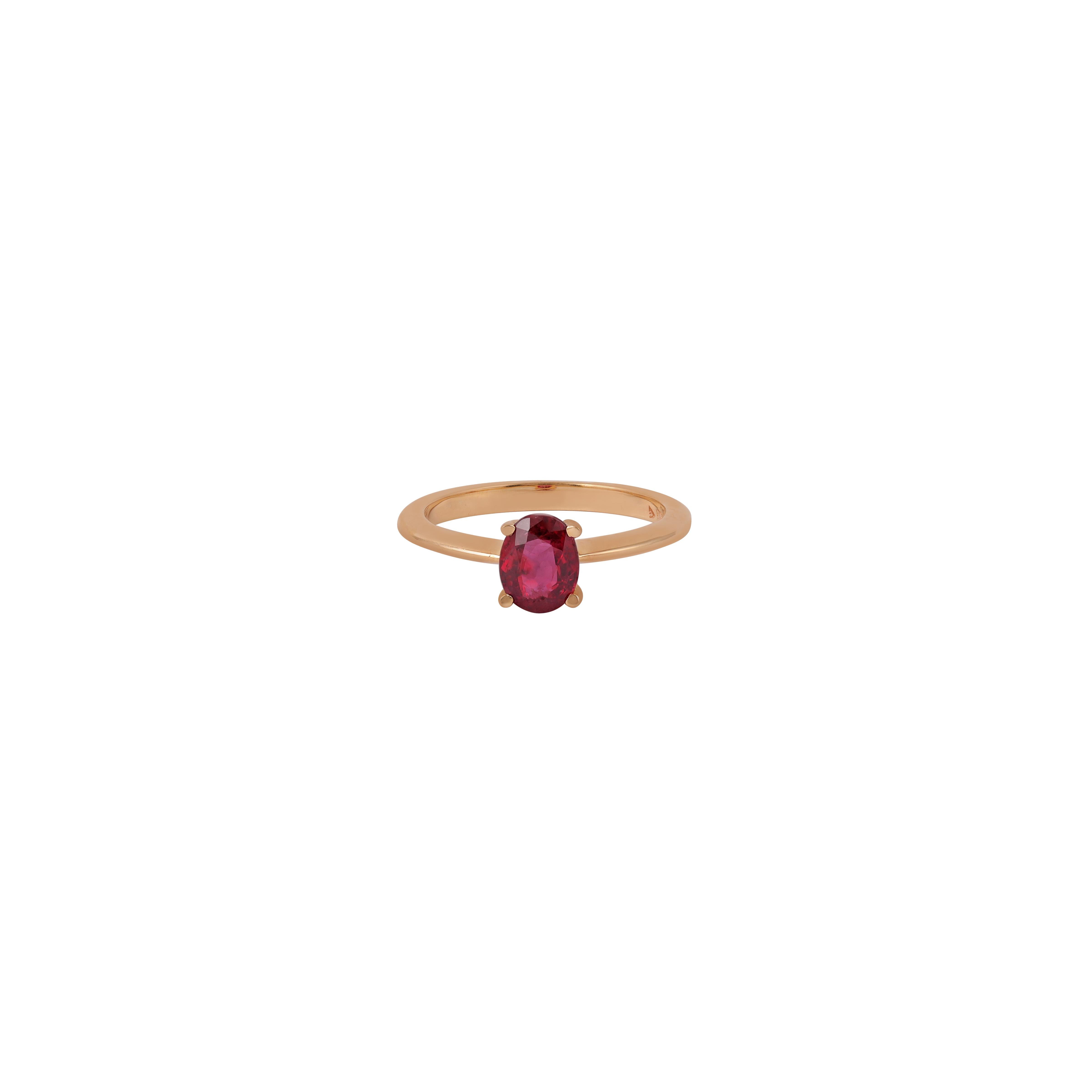 Magnificent ruby High brilliance, Round faceted, natural 0.99 carats ruby mounted in high profile. Handcrafted masterpiece design set in high polished 18 karats Yellow gold.
Statement piece!

Ruby: 0.99 carats, Mozambique, high brilliance

Size: 6
