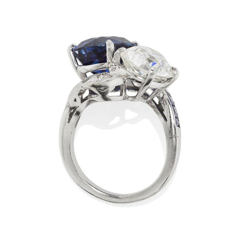 Art Deco 3.41-Carat Old Mine Cut and Sapphire Toi et Moi Ring