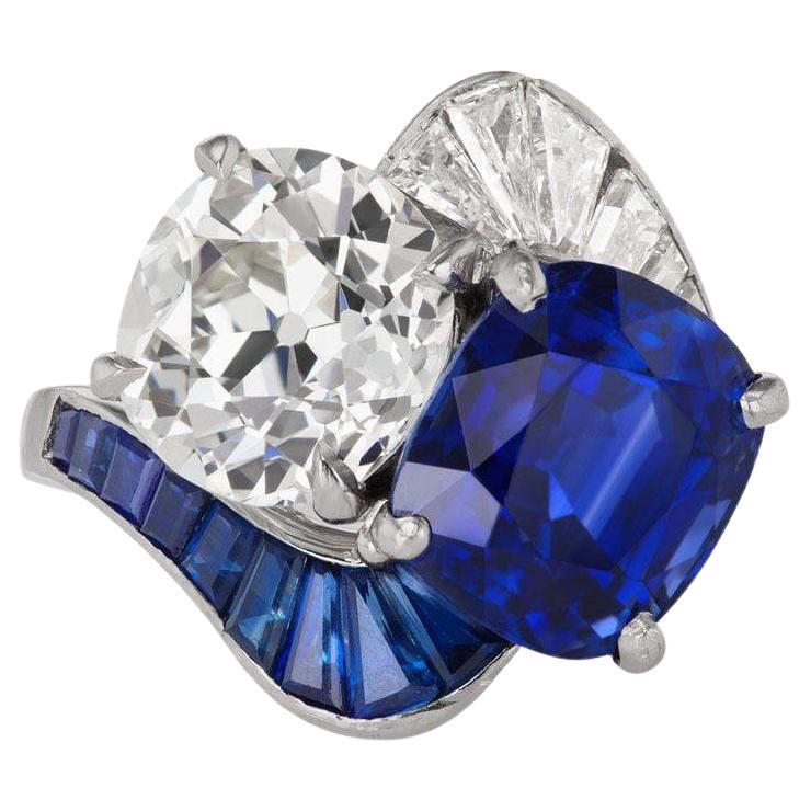 3.41-Carat Old Mine Cut and Sapphire Toi et Moi Ring