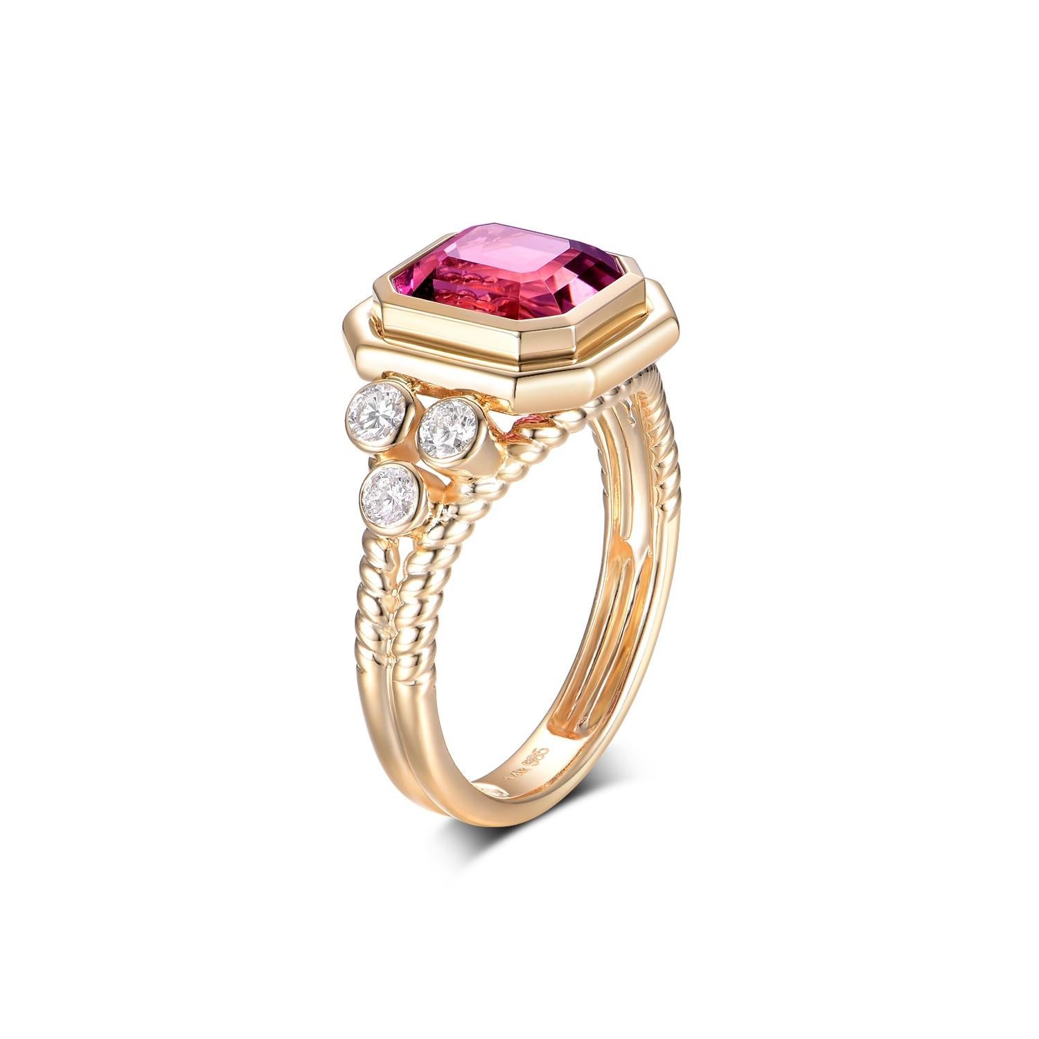 This ring is a beautifully crafted piece in 18-karat yellow gold, featuring a stunning 3.41-carat tourmaline as its centerpiece. The tourmaline boasts a rich, deep pink hue that captures the eye with its vivid color and crystalline clarity. Cut in