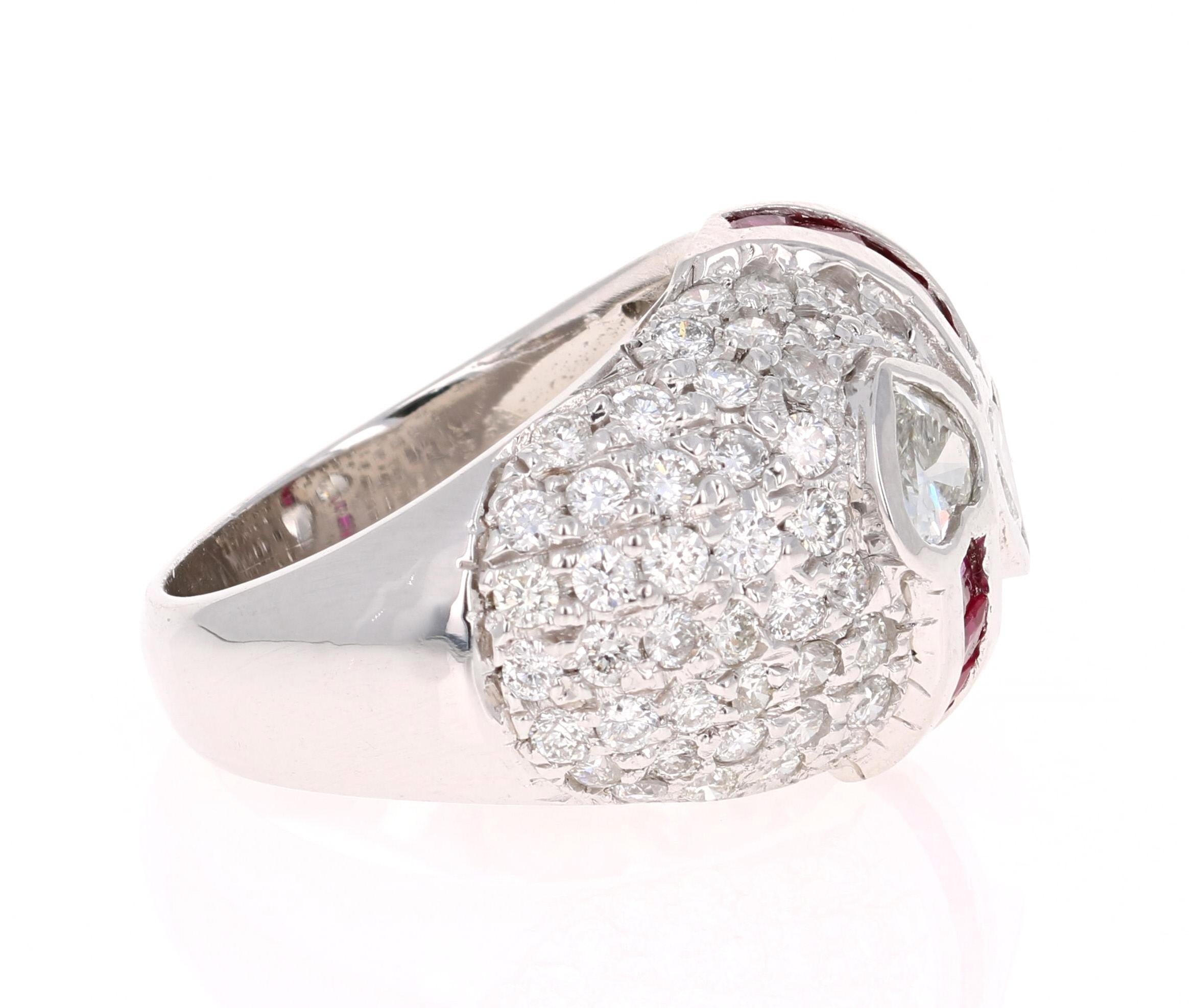 Modern 3.41 Carat Ruby and Heart Diamond 14 Karat White Gold Ring