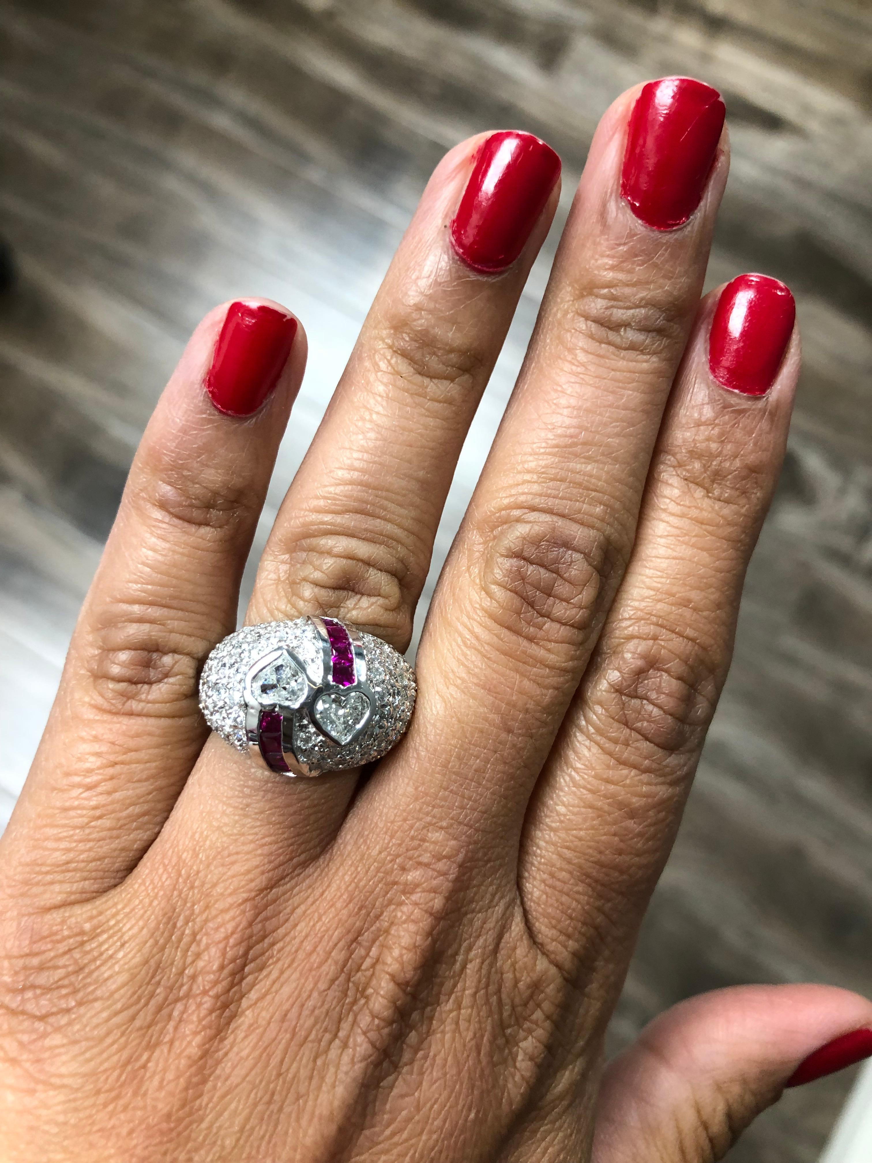 Women's 3.41 Carat Ruby and Heart Diamond 14 Karat White Gold Ring For Sale