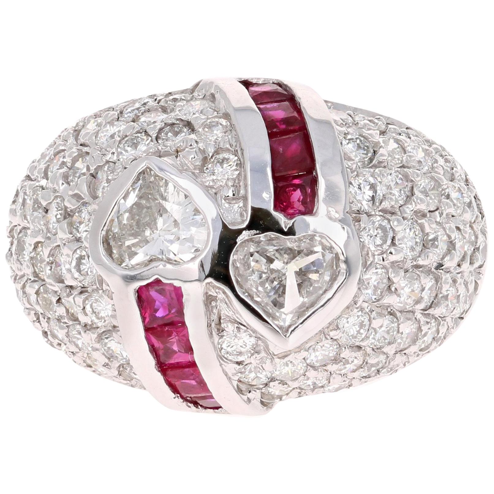 3.41 Carat Ruby and Heart Diamond 14 Karat White Gold Ring