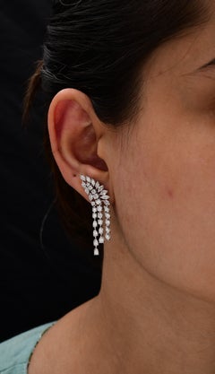 3.41 Carat SI/HI Diamond Ear Climber Cascade Drop Earrings 14 karat White Gold