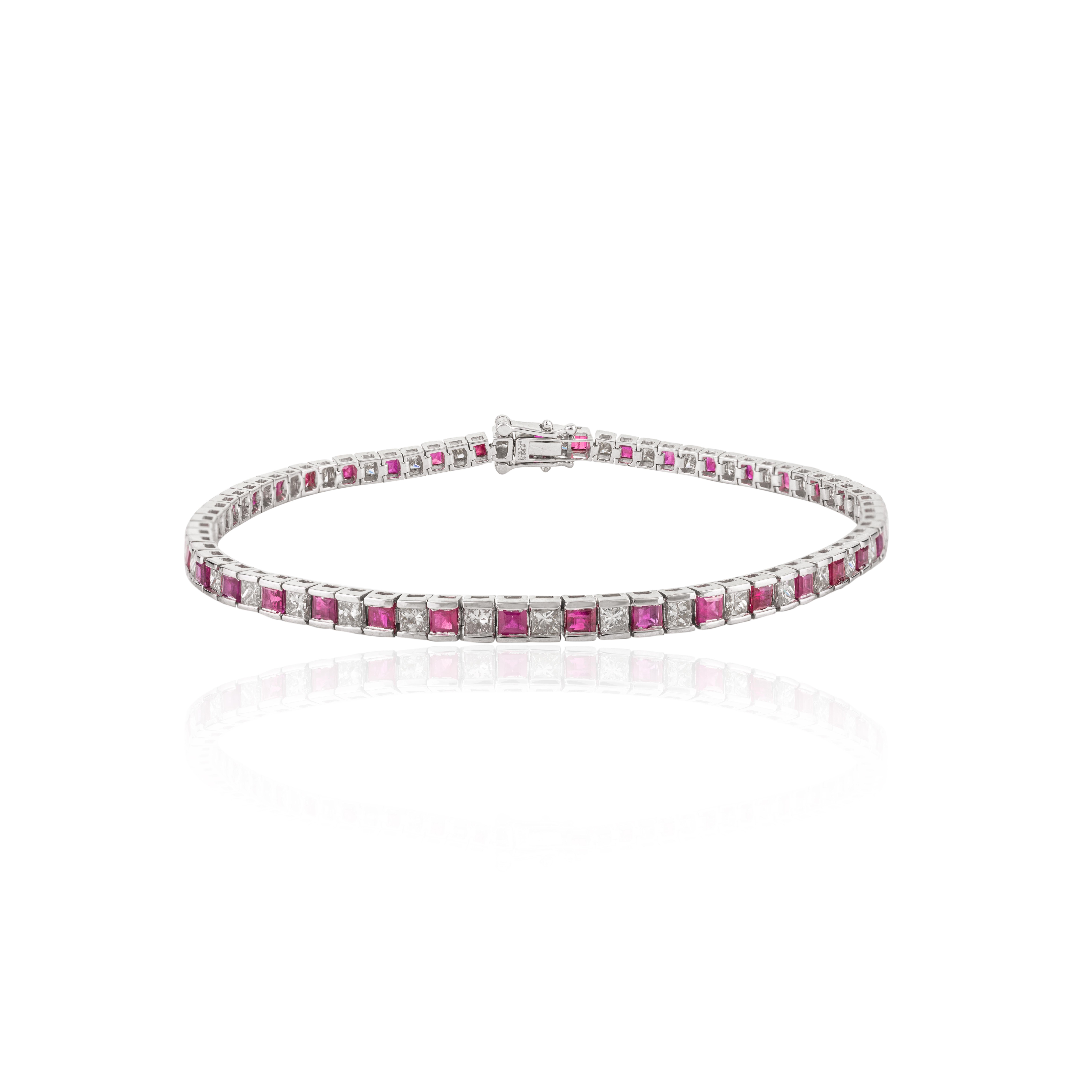 Women's Alternating 3.41 Carat Ruby Diamond Tennis Bracelet in 18k White Gold For Sale