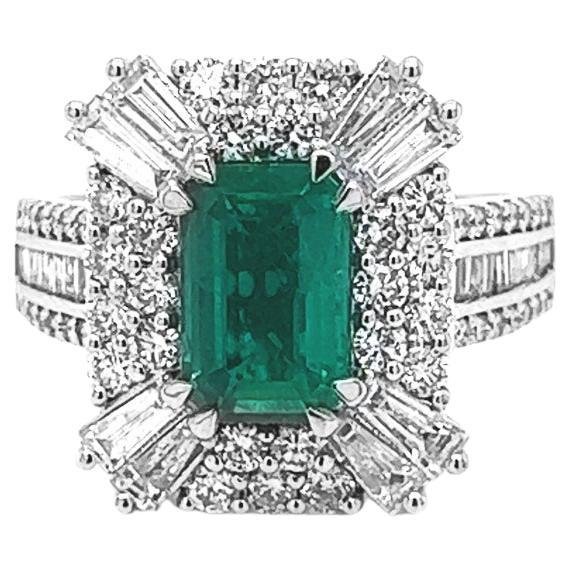 3.41 Carat T.W Natural Mined Emerald Diamond Cluster Art Deco Cocktail 14KT Ring For Sale
