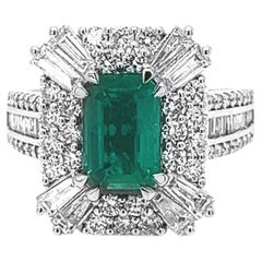3.41 Carat T.W Natural Mined Emerald Diamond Cluster Art Deco Cocktail 14KT Ring