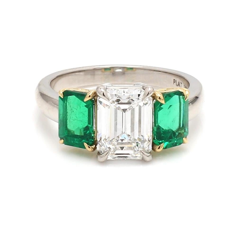 Women's 3.41 CT GIA Emerald Cut Diamond Ring with Minor Colombian Emeralds For Sale
