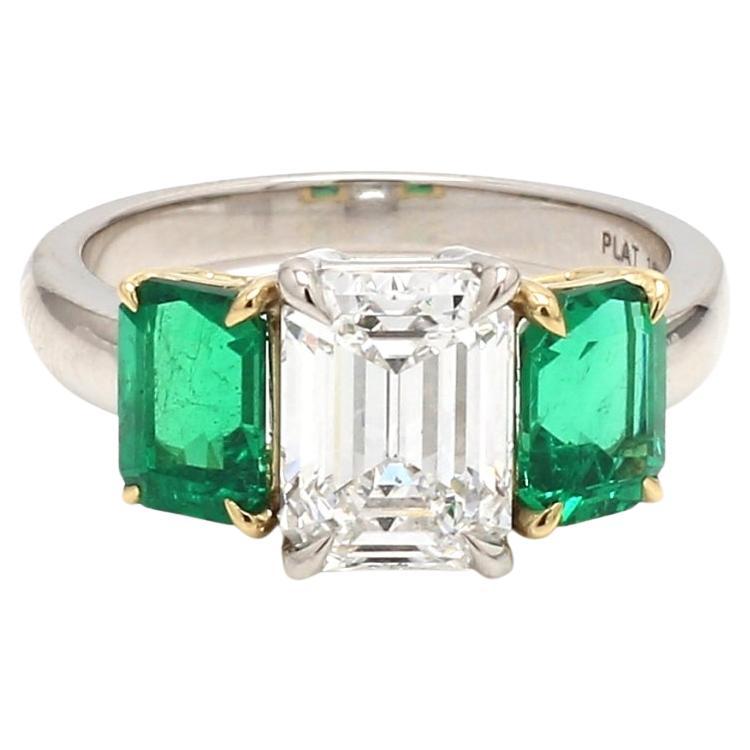 3.41 CT GIA Emerald Cut Diamond Ring with Minor Colombian Emeralds