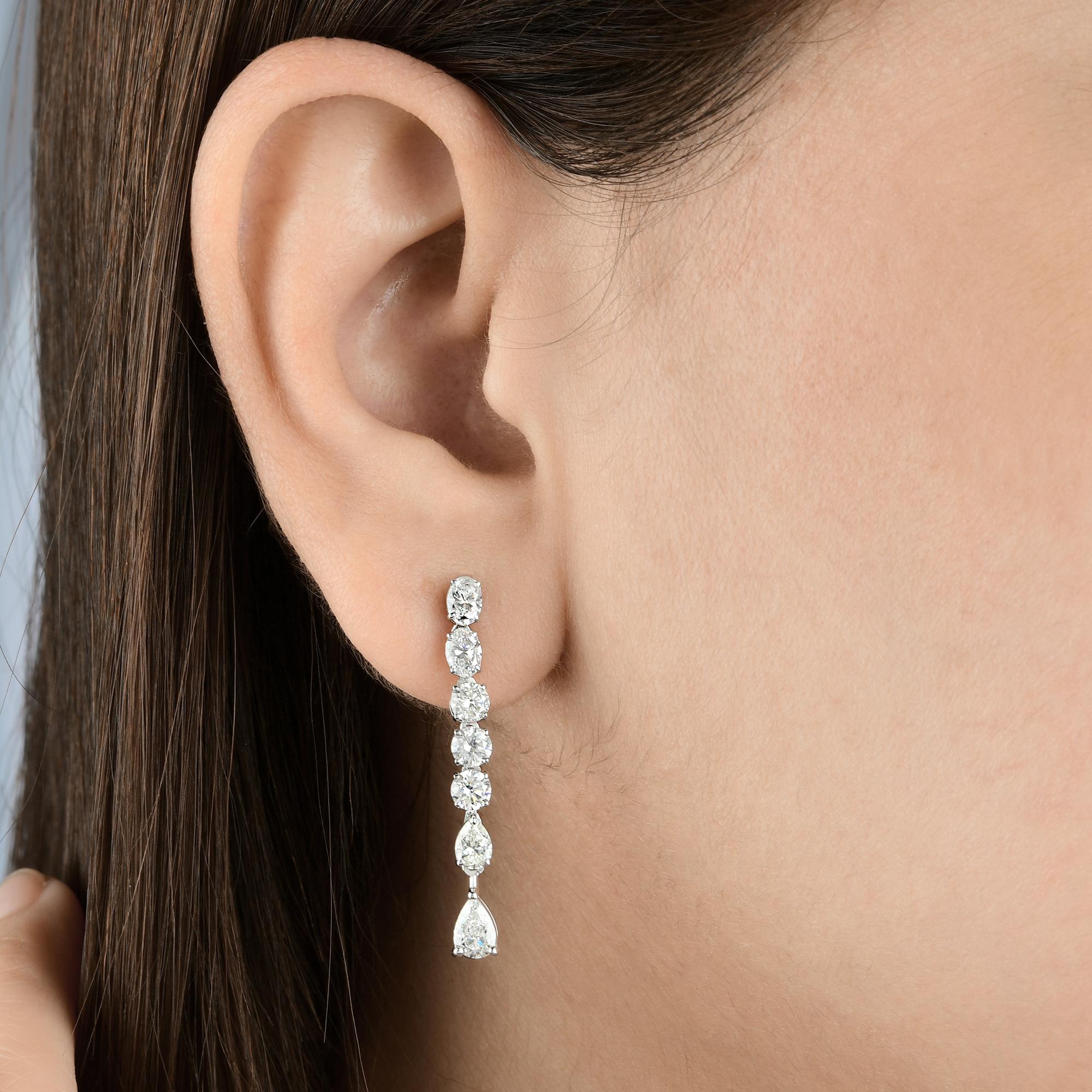 Pear Cut 3.41 Ct, Pear Oval & Round Diamond Dangle Earrings 14 Karat White Gold Jewelry For Sale