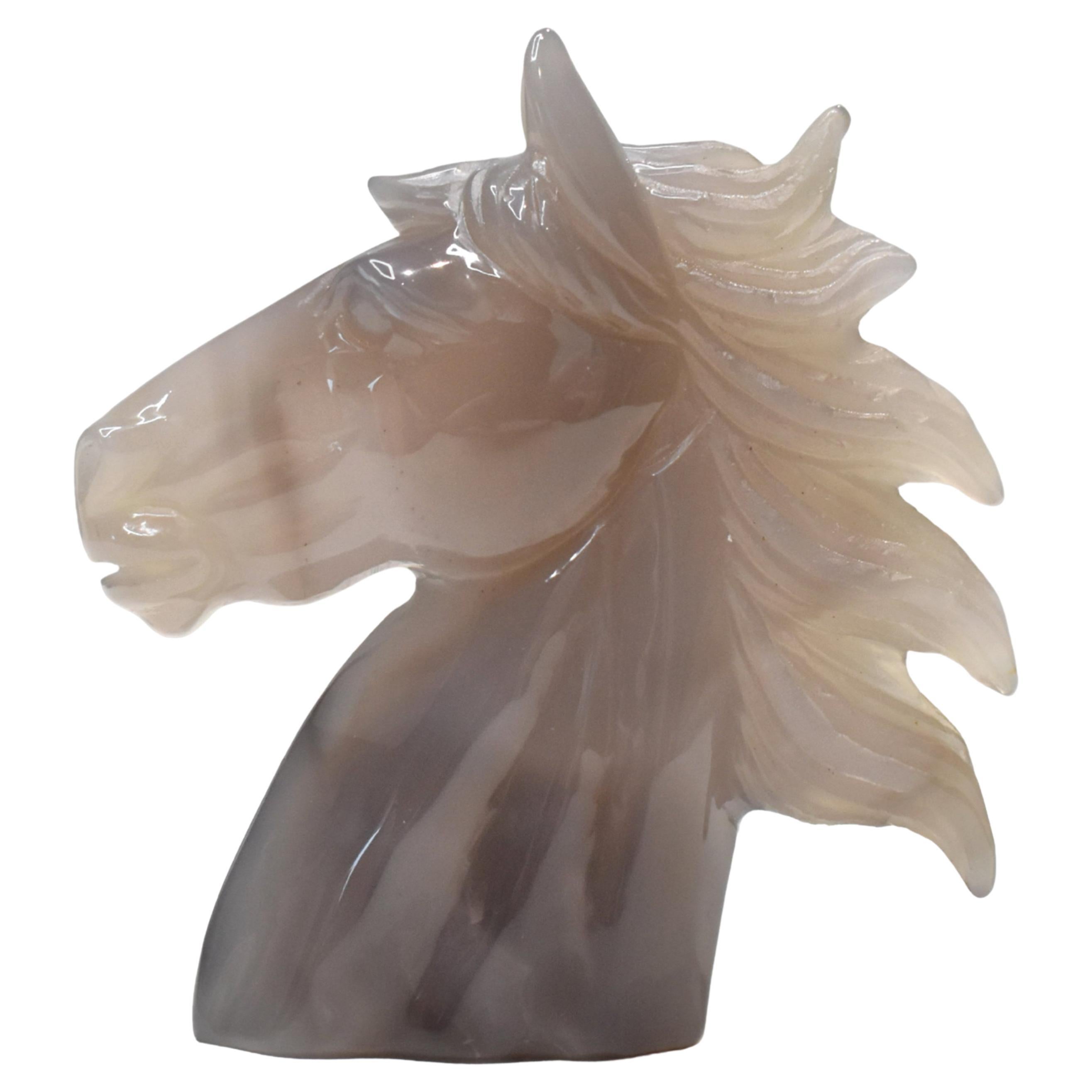 341 Grams Hand-Carved Natural Agate Horse Head Sculpture Figurine Art Home Decor