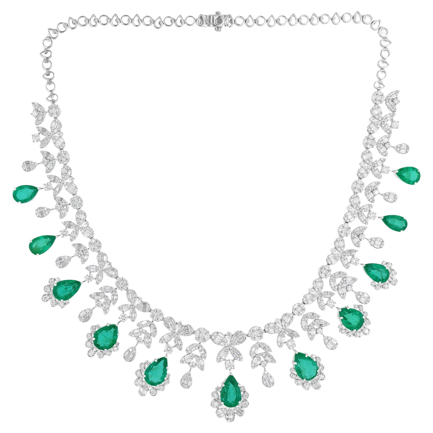 34.13TCW Pear Zambian Emerald Diamond Choker Necklace 14k White Gold Jewelry
