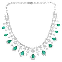 34.13TCW Pear Zambian Emerald Diamond Choker Necklace 14k White Gold Jewelry